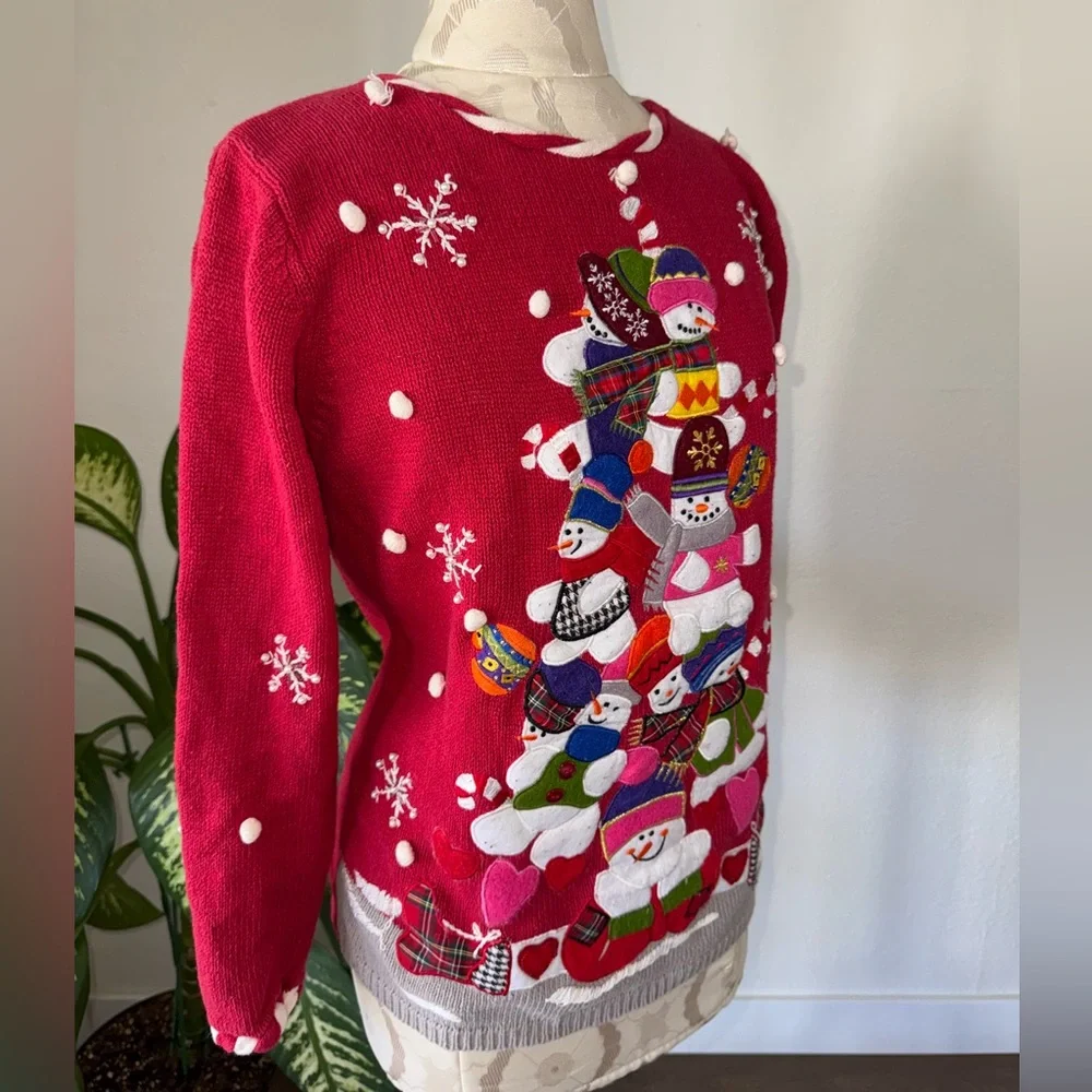 Vintage Theme Works by Kikit Ugly Christmas Snowman Pom Pom Sweater Women’s Sz S